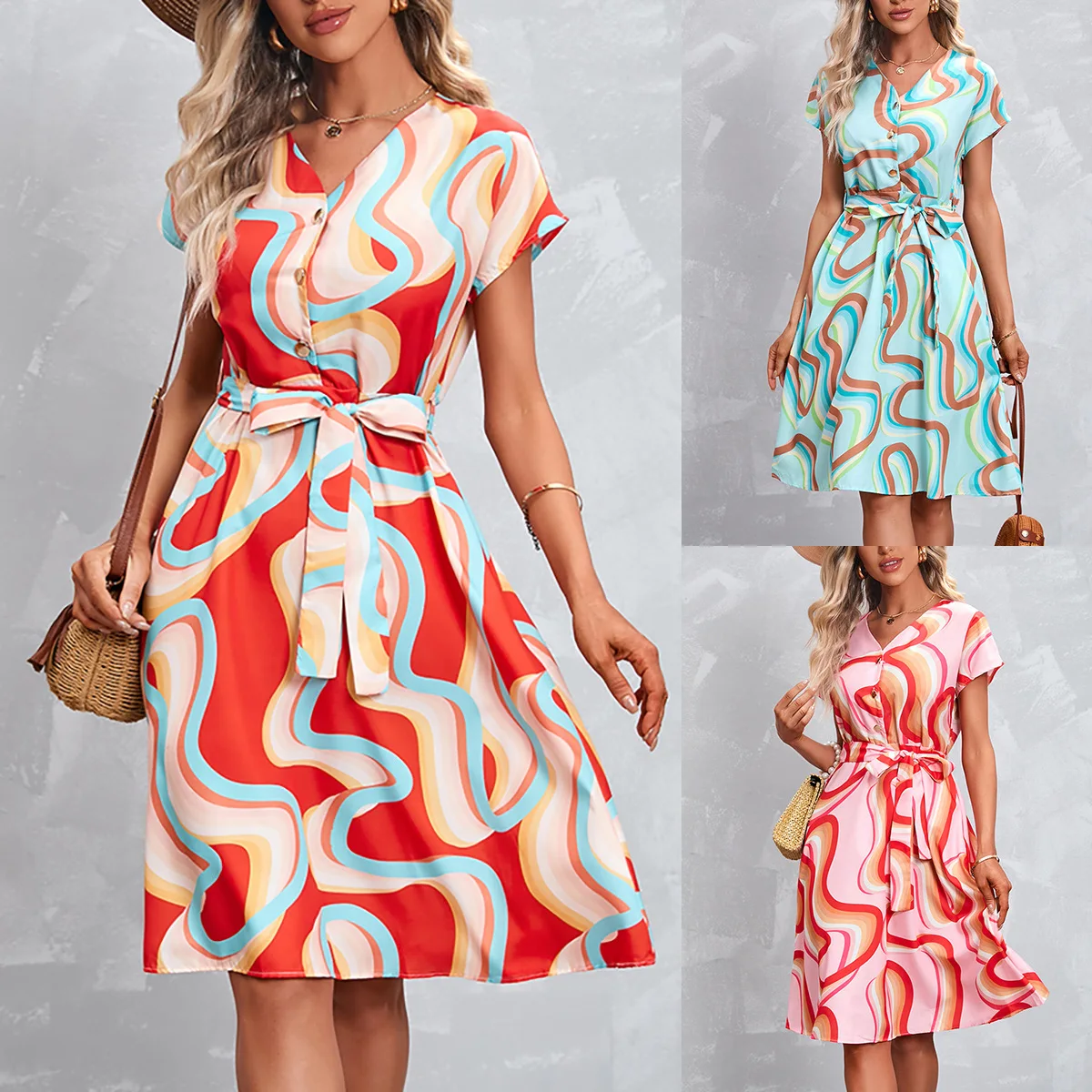 Moterų drabužiai Europoje ir Amerikoje, Brazilijoje vasarą naujiems karšto spausdinti trumpas rankovėmis suknelė